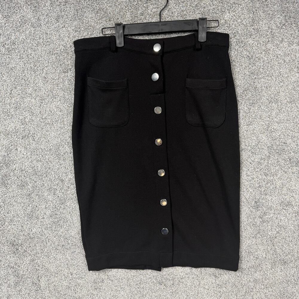 Elle Pencil Skirt M 31x25 Black Button Front Midi Knit Office Siren Stretch Y2K